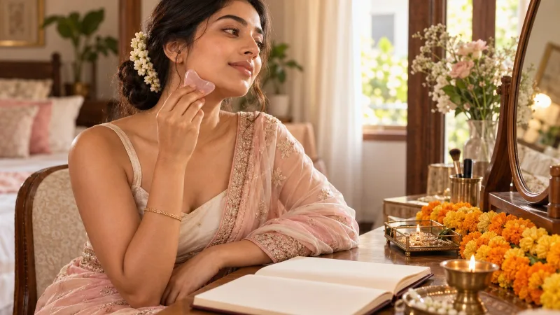 A young Indian woman sitting at a dressing table in soft morning light, gently gliding a pink rose quartz gua sha stone along her jawline, with a marigold garland and a wedding planner notebook beside her.
