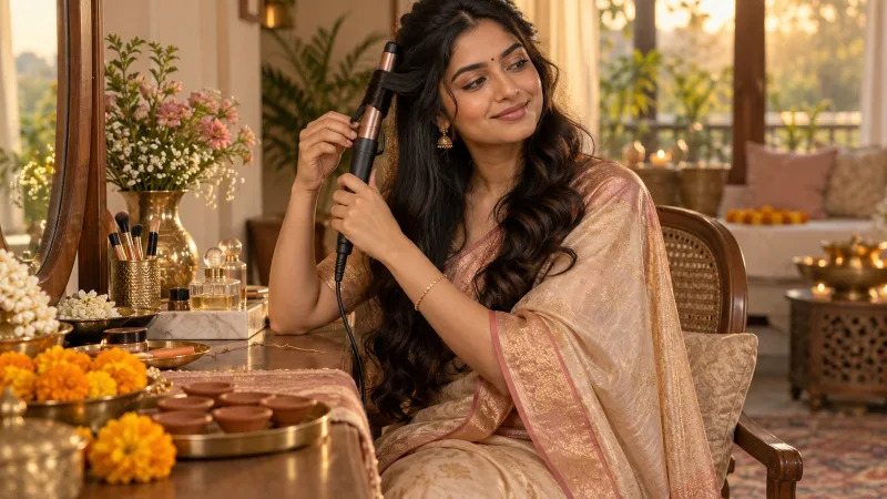 A young Indian woman in a silk saree sits at a dressing table by a window, curling the ends of her long dark hair with a rotating curler, with a few diyas and marigolds on the table beside her.