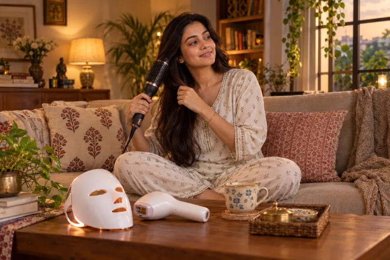 Indian woman at home styling her hair with a hot air brush, beauty devices on the coffee table