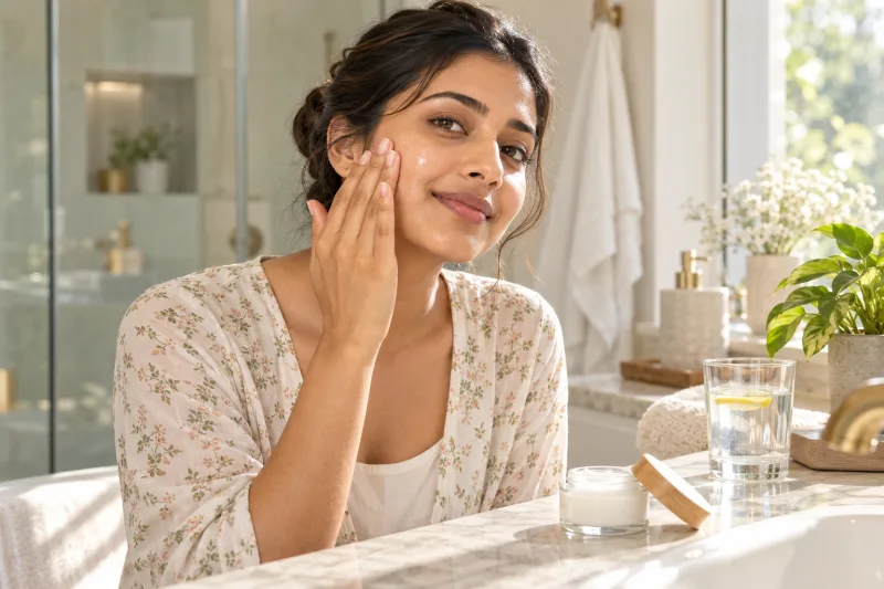 Indian woman with dewy skin pressing serum into her cheek, a glass of water and moisturiser beside her
