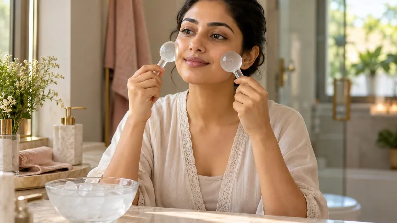 A young Indian woman with medium-brown skin sits by a sunlit window in the morning, gently gliding two chilled glass facial globes outward across her cheeks with her eyes half closed.