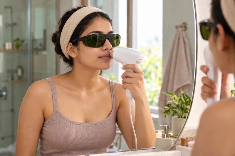 Indian woman wearing protective glasses holding an IPL device near her upper lip in front of a mirror