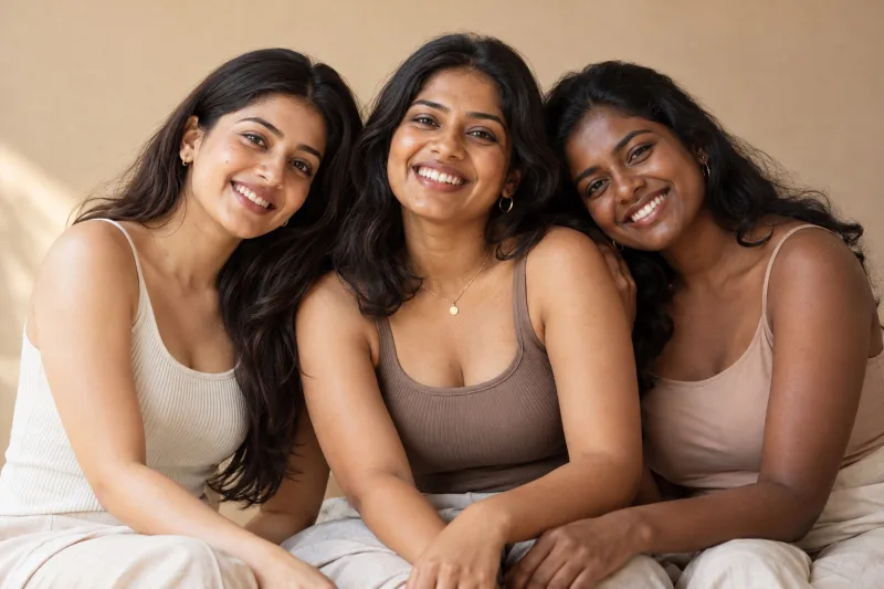 Three Indian women with light, medium and deep brown skin tones smiling together