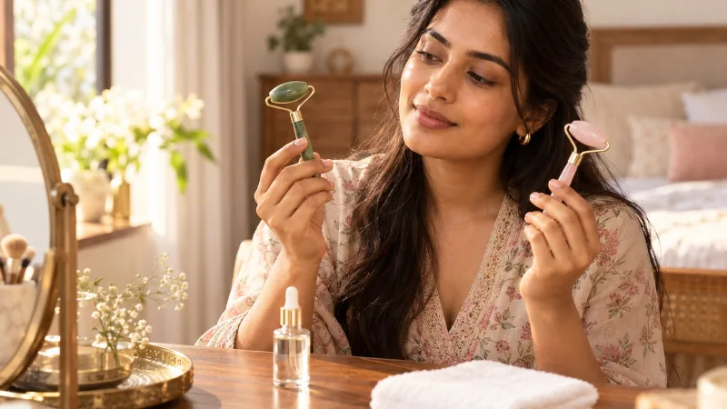 A green jade roller, a pink rose quartz roller and a white jade gua sha stone lie side by side on a folded cotton towel, while a woman's hand reaches to pick up the pink roller in soft morning light.