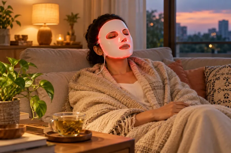 Indian woman relaxing at home wearing a red-glowing LED face mask