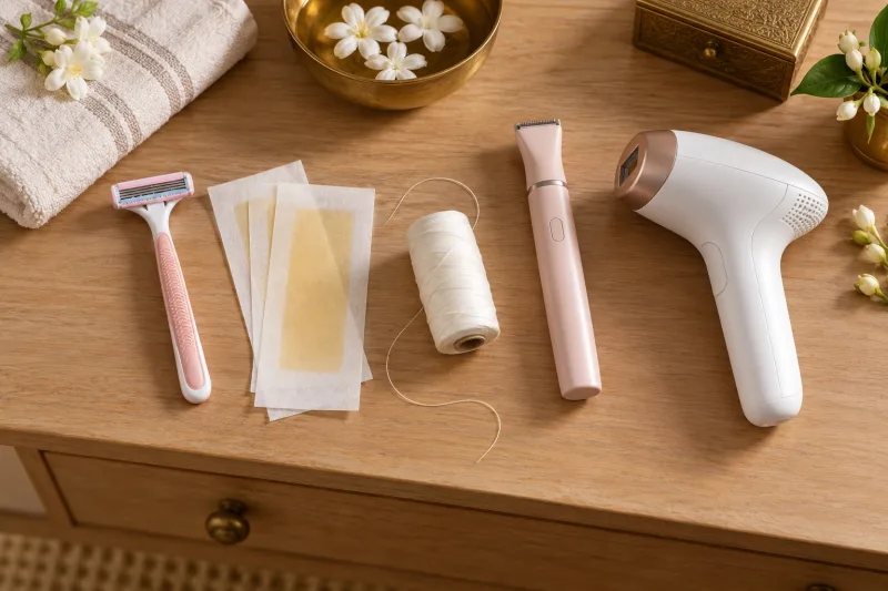 Razor, wax strips, threading thread, trimmer and an IPL device laid out side by side on a wooden dresser