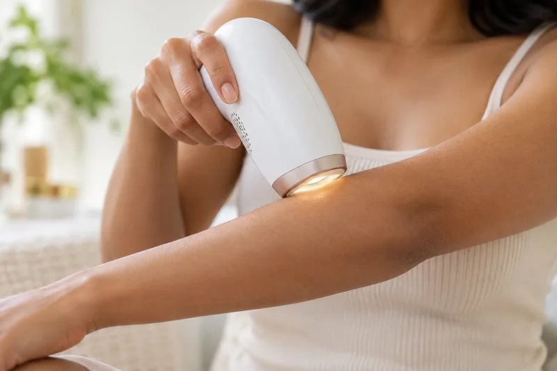 Close-up of an IPL device gliding over smooth brown skin on a forearm