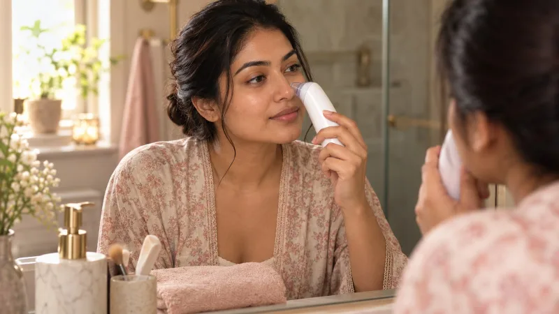 A young Indian woman with a medium-brown skin tone stands at a softly lit bathroom mirror, holding a small white handheld pore vacuum near the side of her nose, with a folded towel beside her.