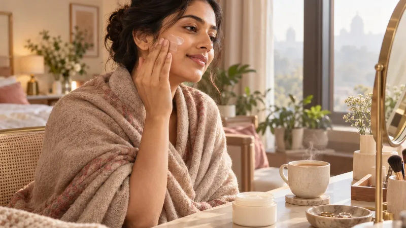 An Indian woman in a warm knit shawl gently presses moisturiser onto her cheeks beside a sunlit window on a cold winter morning, with a cup of tea and a small jar of cream on the sill.